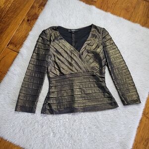 Tadashi Shoji Layered Evening Top Women's Small Black Gold V-Neck READ